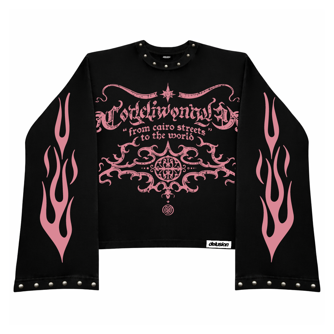 Black long-sleeve shirt with pink tribal designs and text on a white background