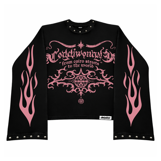 Black long-sleeve shirt with pink tribal designs and text on a white background