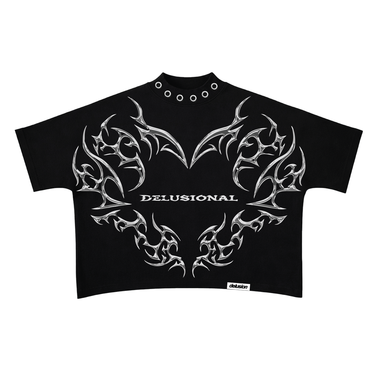 Black crop top with white tribal designs and 'Delusional' branding on a white background