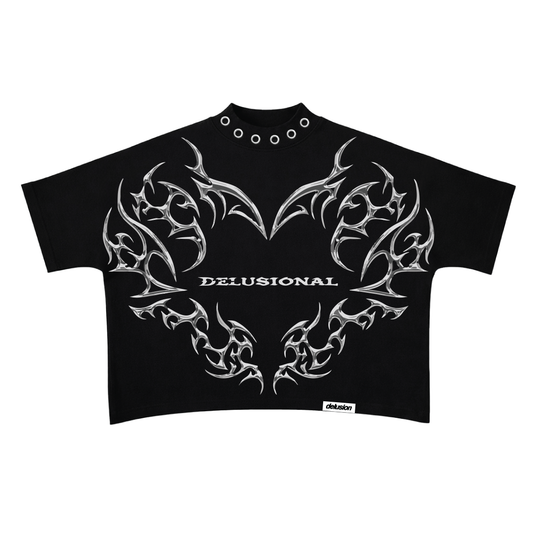 Black crop top with white tribal designs and 'Delusional' branding on a white background