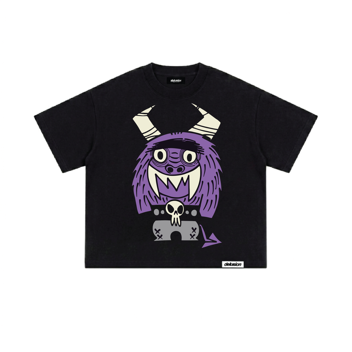 Creature of Habit Fitted Tshirt — purple horned monster graphic over skull graveyard, front view