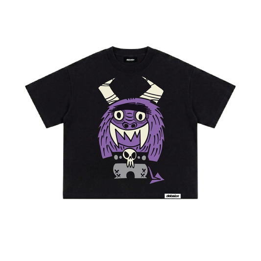 Creature of Habit Fitted Tshirt — purple horned monster graphic over skull graveyard, front view