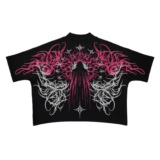 Cursed Bloom Boxy Tshirt — hooded figure framed by pink and white thorned floral linework, back view