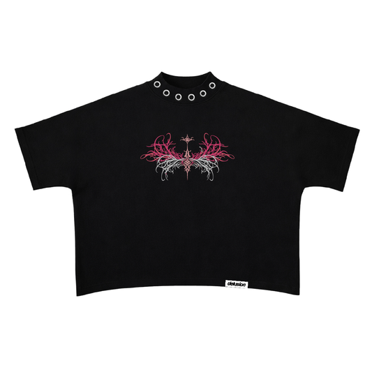 Cursed Bloom Boxy Tshirt — hooded figure framed by pink and white thorned floral linework, front view