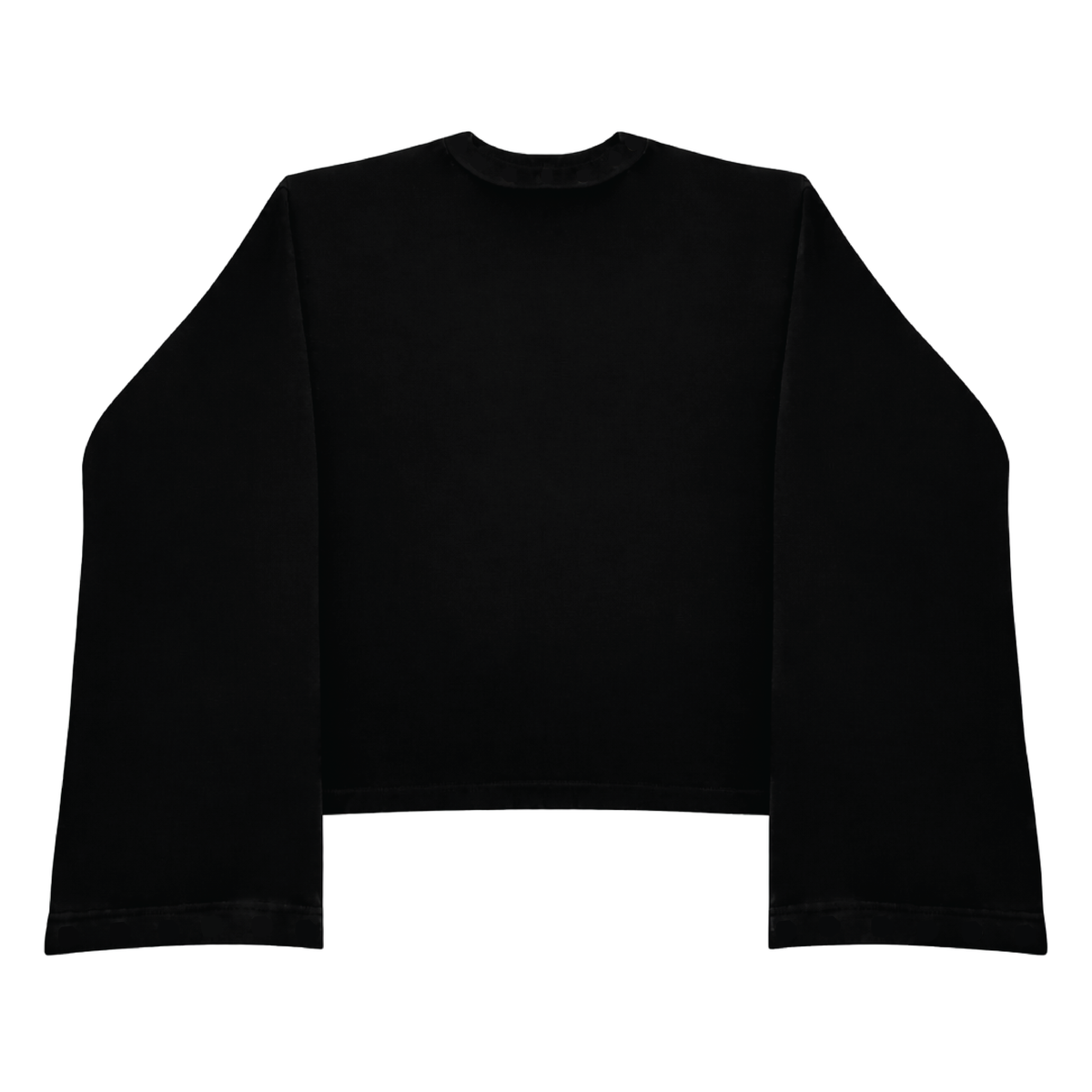 A black long-sleeve cropped top with a crew neck, shown flat against a solid white background.