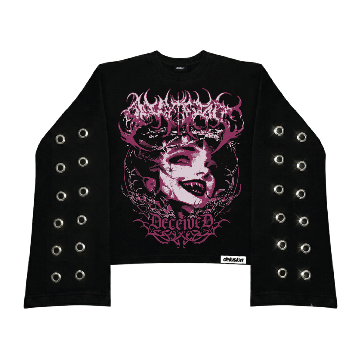 A black long-sleeve crop top sweatshirt featuring a large pink and white graphic print on the front with the words 'MADNESS' and 'DECEIVED'. The sleeves have double rows of silver metal grommets, and a small white 'Delusion' brand label is visible near the bottom hem.