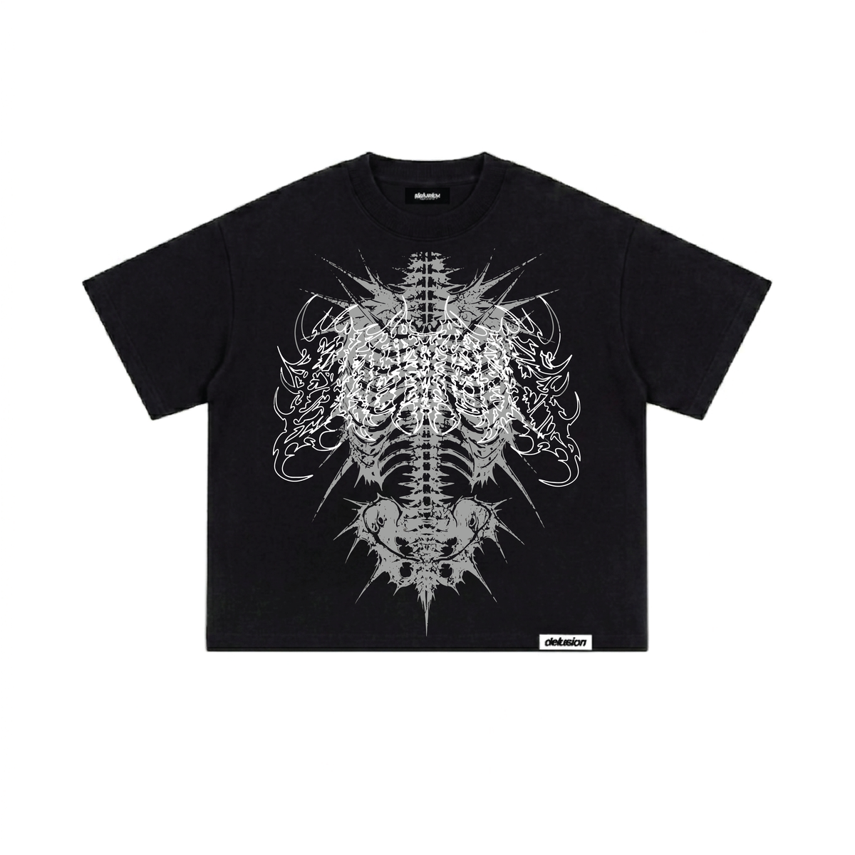 A black short-sleeve t-shirt with a large white graphic print of a spiky, tribal-style skull and spine design on the front, shown against a plain white background.