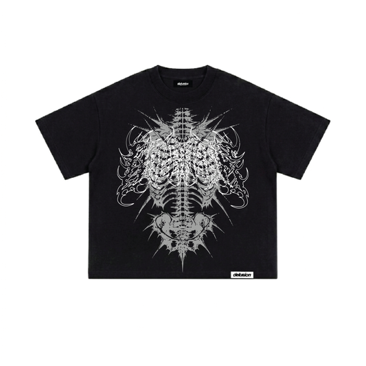 A black short-sleeve t-shirt with a large white graphic print of a spiky, tribal-style skull and spine design on the front, shown against a plain white background.