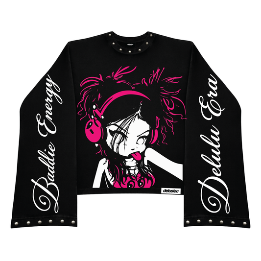 Black long-sleeve shirt with graphic design and text on a white background