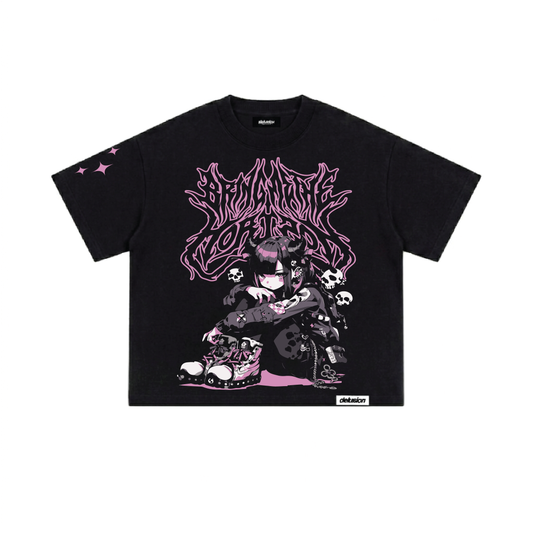 Demon Child Fitted Tshirt — chibi demon girl graphic with skulls and dripping pink text, front view