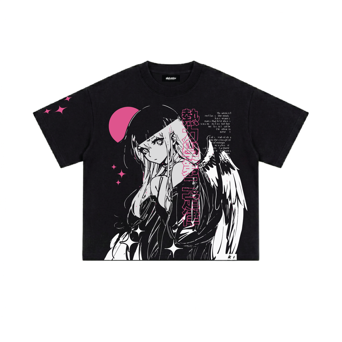 A black short-sleeve graphic t-shirt featuring an anime-style illustration of a winged girl with pink accents, stars, and text on the front, displayed flat against a white background.