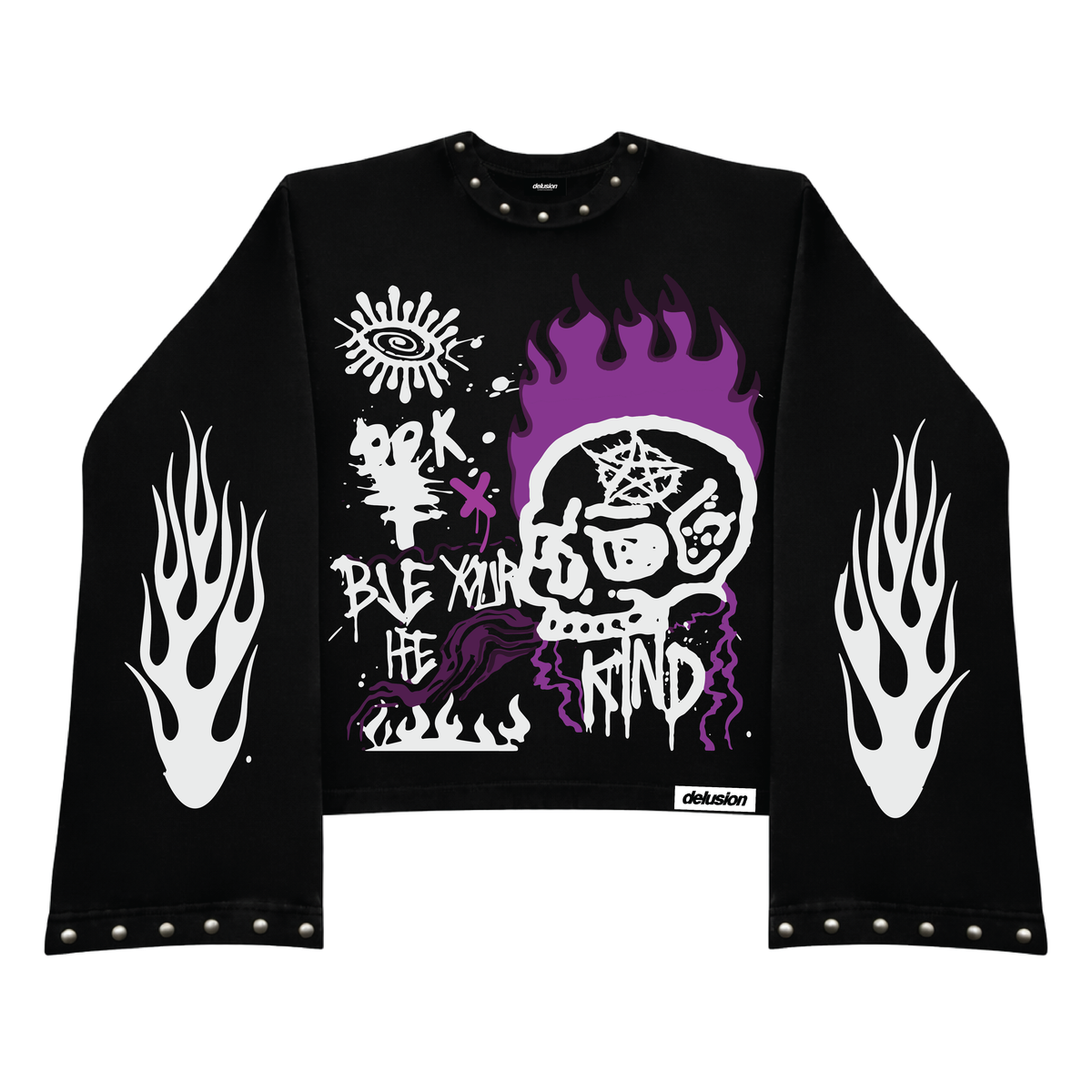 A black long-sleeve crop top sweatshirt featuring a large graphic print on the front with a white skull, purple flames, and graffiti-style text, along with white flame motifs on both sleeves and silver metal studs.