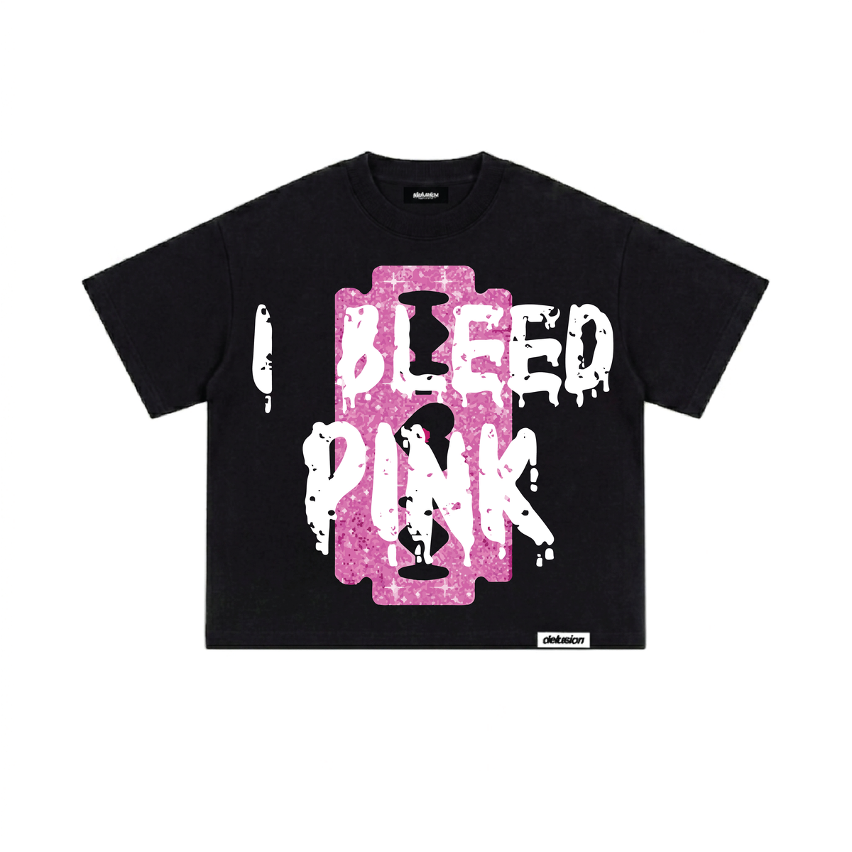 A black short-sleeve t-shirt with a large front graphic reading 'I BLEED PINK' in white dripping letters over a pink rectangular background, shown on a plain white studio background.