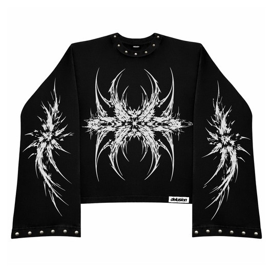 Black long-sleeve crop top with white abstract designs on a white background