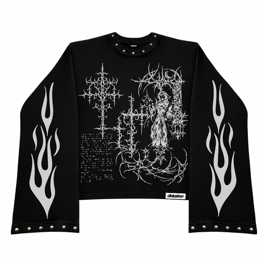 Black long-sleeve shirt with white graphic designs on a white background