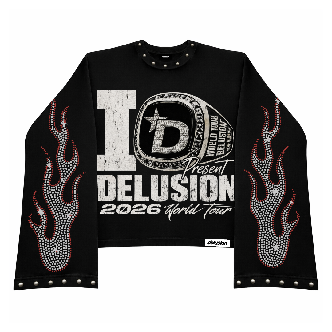 Black long-sleeve shirt with 'Delusion' design and text on a white background