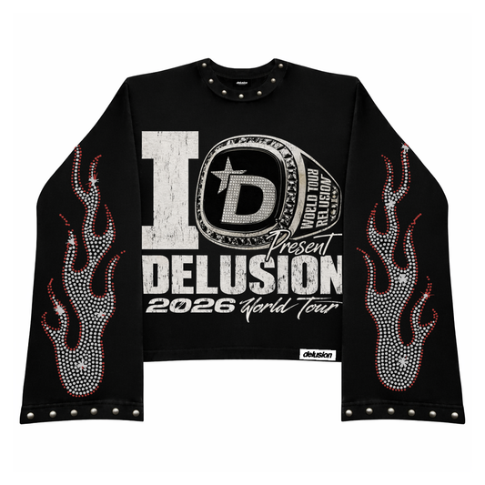 Black long-sleeve shirt with 'Delusion' design and text on a white background