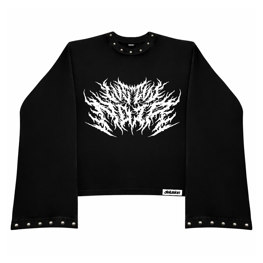 Black long-sleeve crop top with white abstract design on a white background