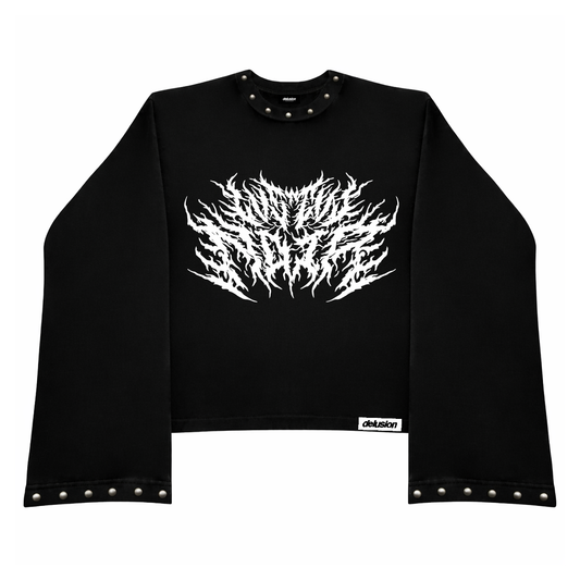 Black long-sleeve crop top with white abstract design on a white background