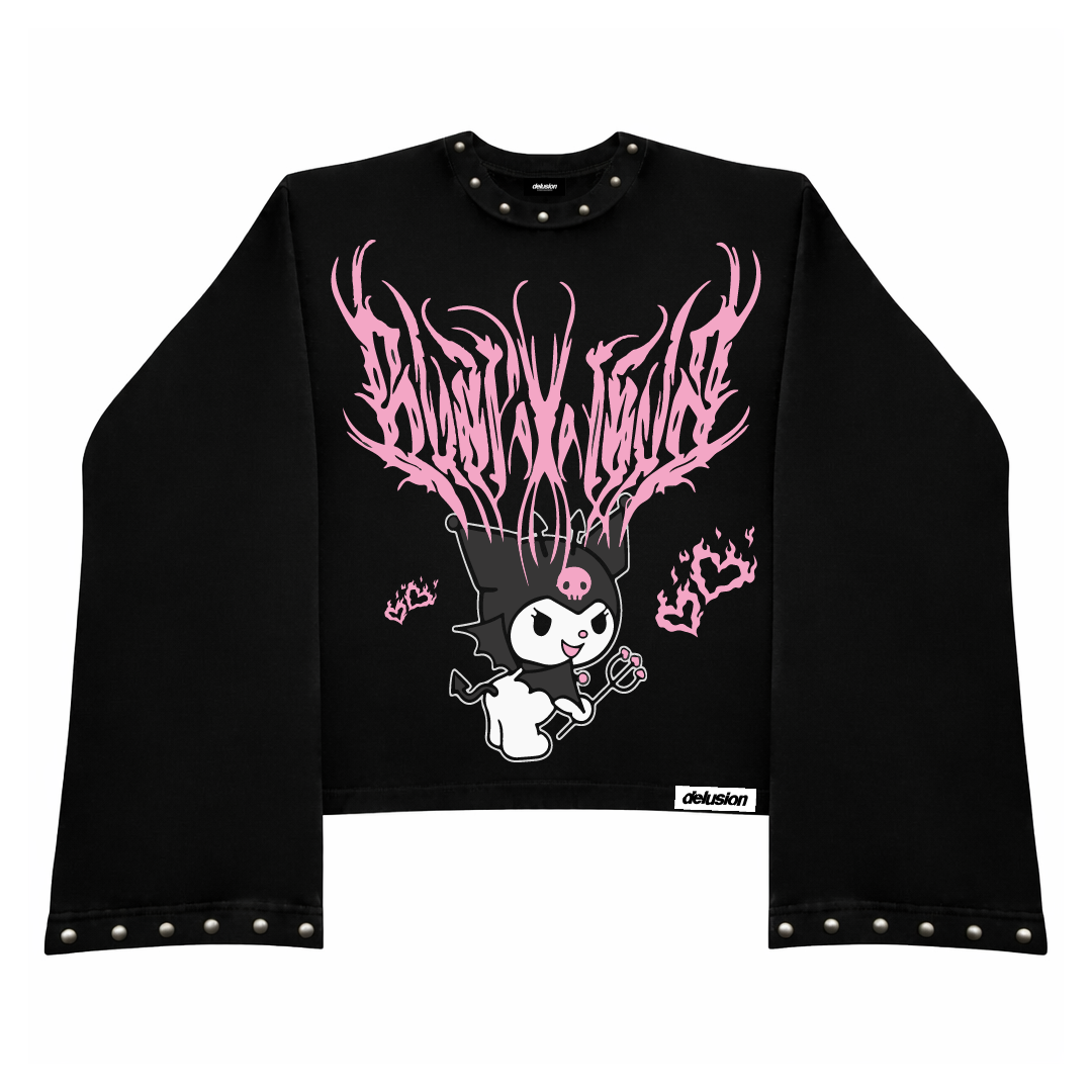 Black long-sleeve crop top with pink and white graphic design on a white background