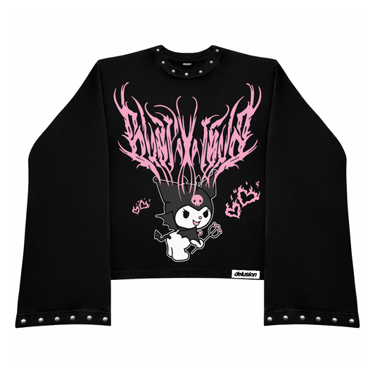 Black long-sleeve crop top with pink and white graphic design on a white background