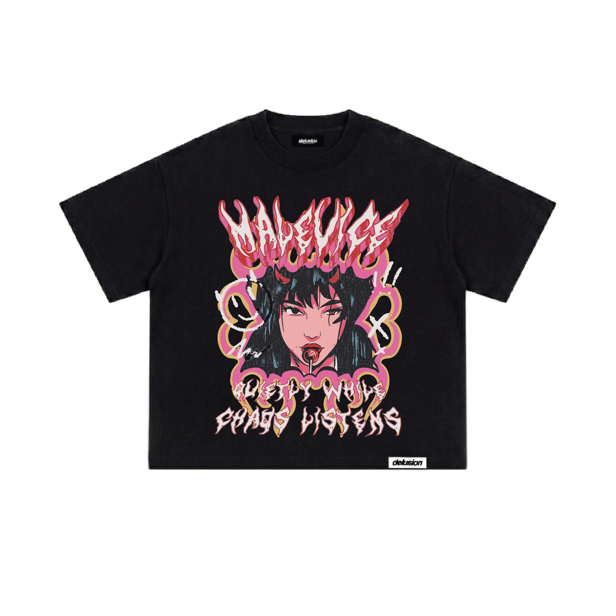 Malevice Fitted Tshirt — dripping graffiti anime girl graphic, front view