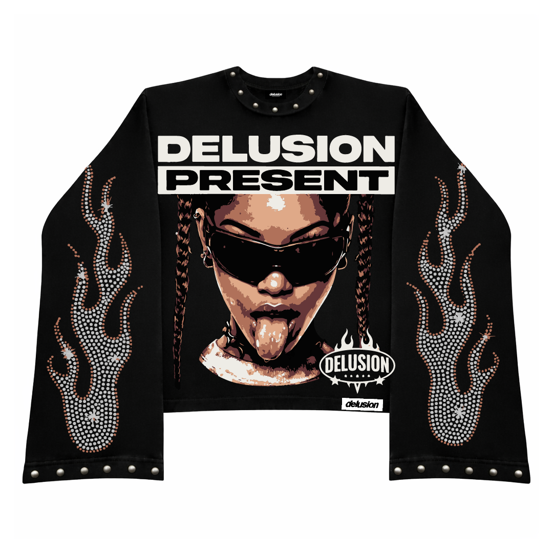 Black long-sleeve shirt with graphic design and 'Delusion Present' text on a white background