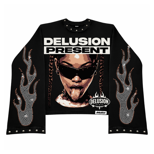 Black long-sleeve shirt with graphic design and 'Delusion Present' text on a white background