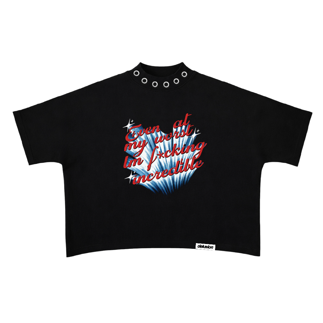 Manic Mantra Boxy Tshirt — red comic-style self-affirmation text graphic, front view