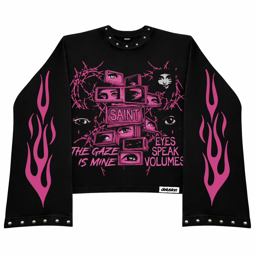 Black long-sleeve shirt with pink graphic design and text on a white background