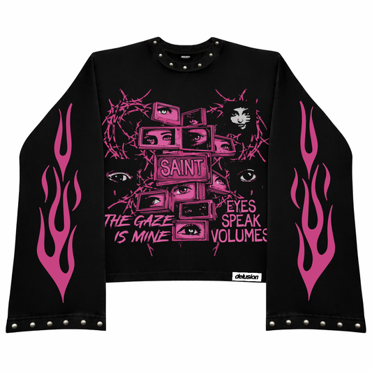 Black long-sleeve shirt with pink graphic design and text on a white background