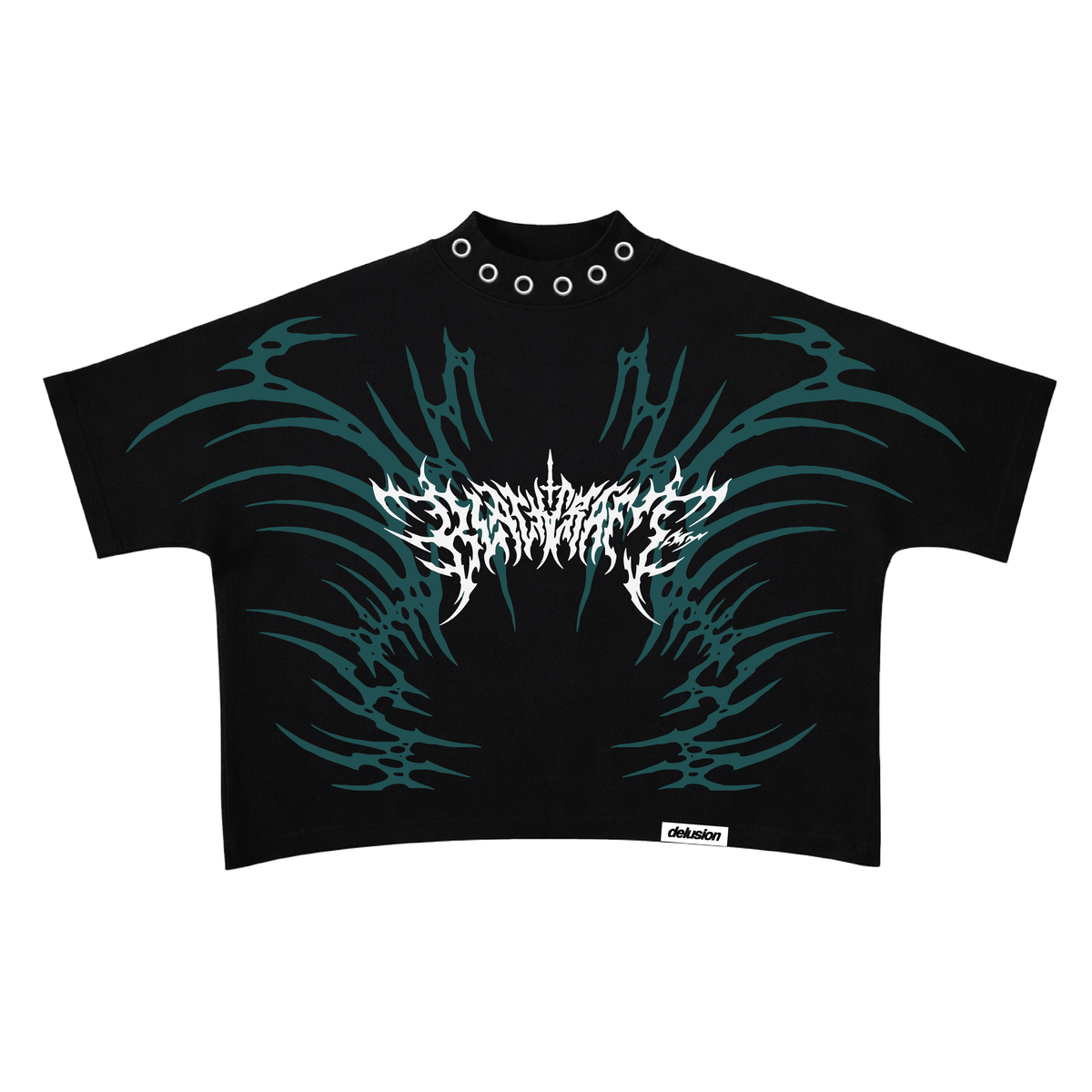 Metamorphosis Boxy Tshirt — teal tribal linework wings with gothic wordmark graphic, front view