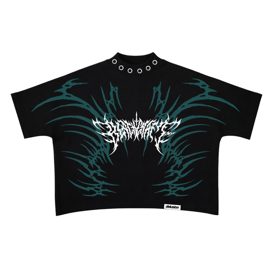 Metamorphosis Boxy Tshirt — teal tribal linework wings with gothic wordmark graphic, front view