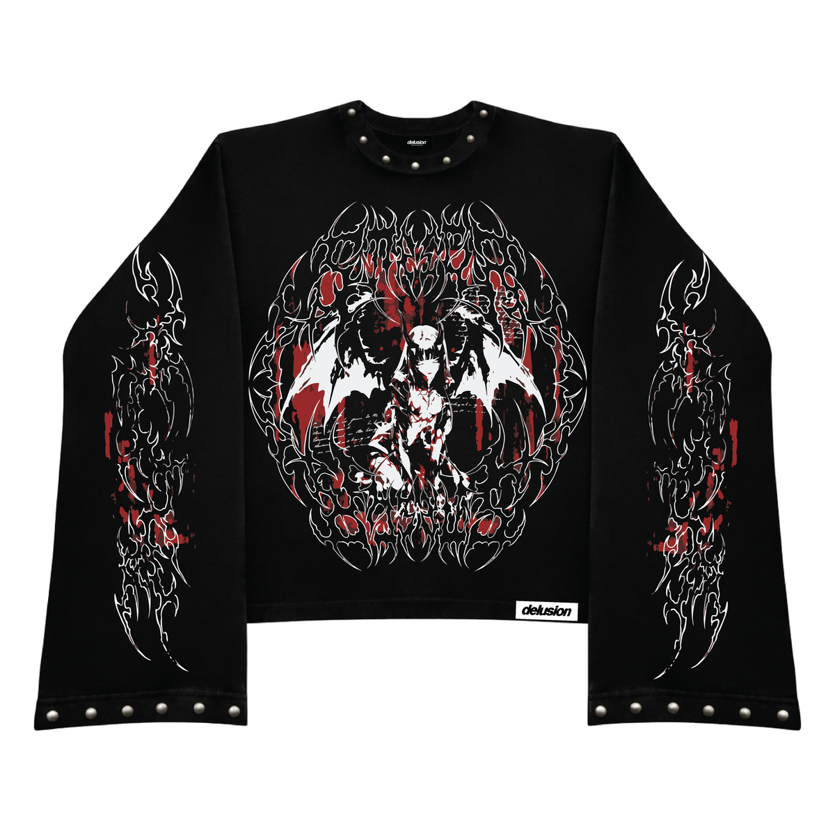 A black long-sleeve crop top sweatshirt featuring a large gothic graphic of a winged demon on the chest, matching graphic prints on both sleeves, and silver metal studs along the collar, cuffs, and hem.