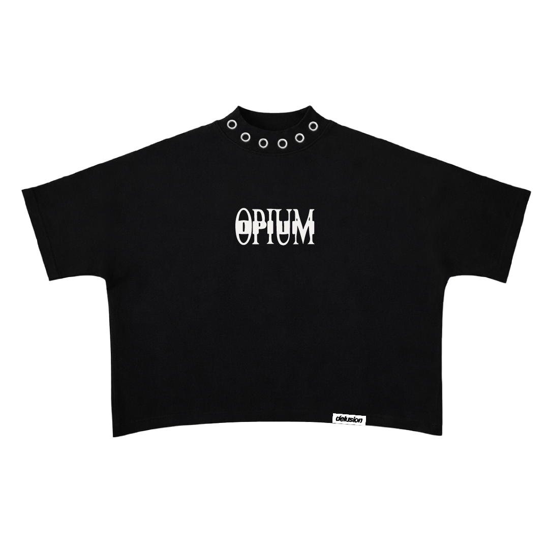 Black crop top with 'Opium' logo on a white background