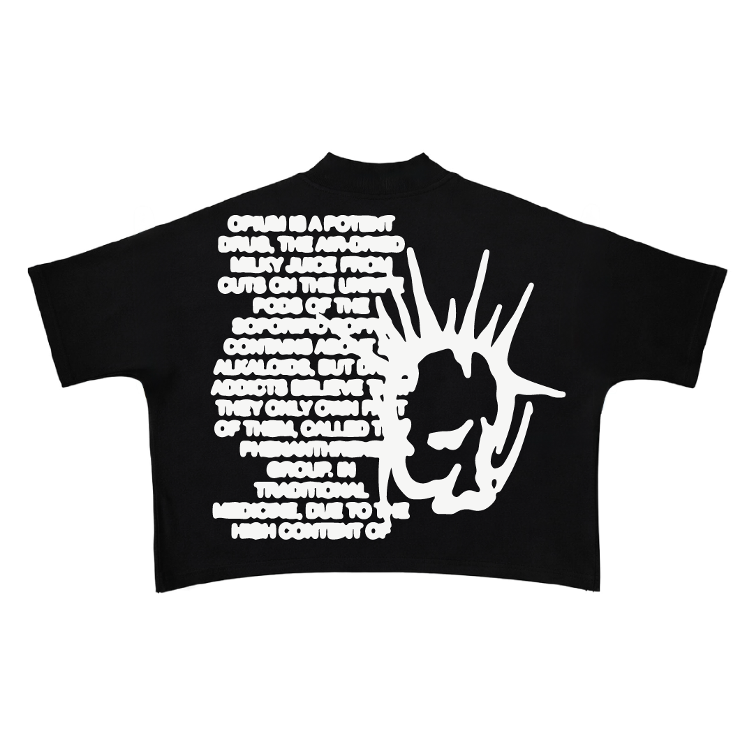 Black t-shirt with white graphic and text on a white background