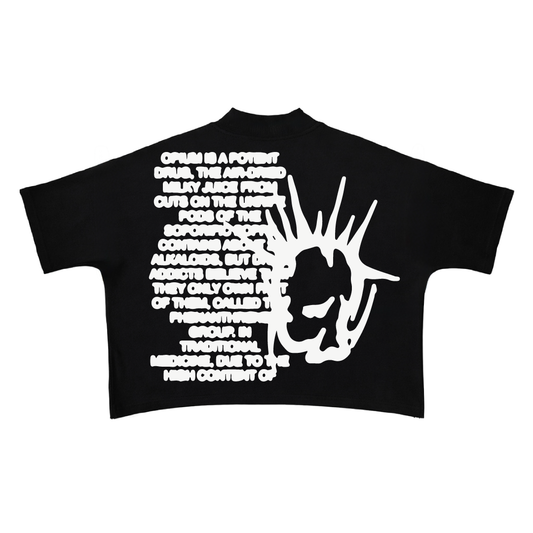 Black t-shirt with white graphic and text on a white background