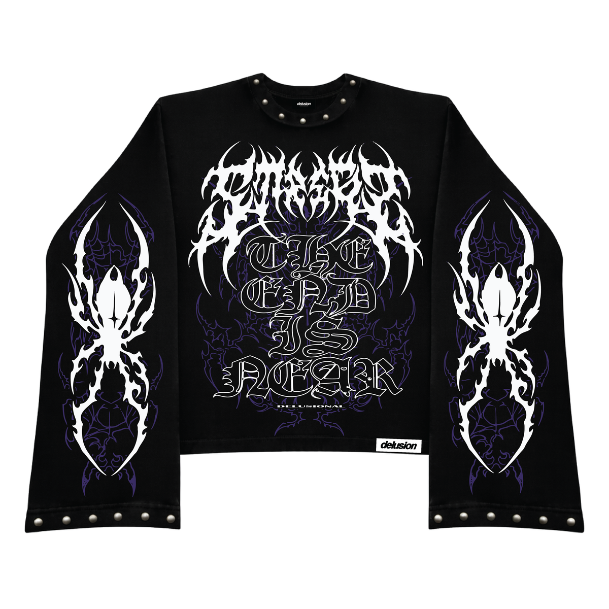 A black long-sleeve crop top sweatshirt featuring a large white gothic font graphic on the chest that reads 'The End is Near' over purple gothic background details. The sleeves have matching white gothic wing-like graphics, and the bottom hem has silver metal studs.