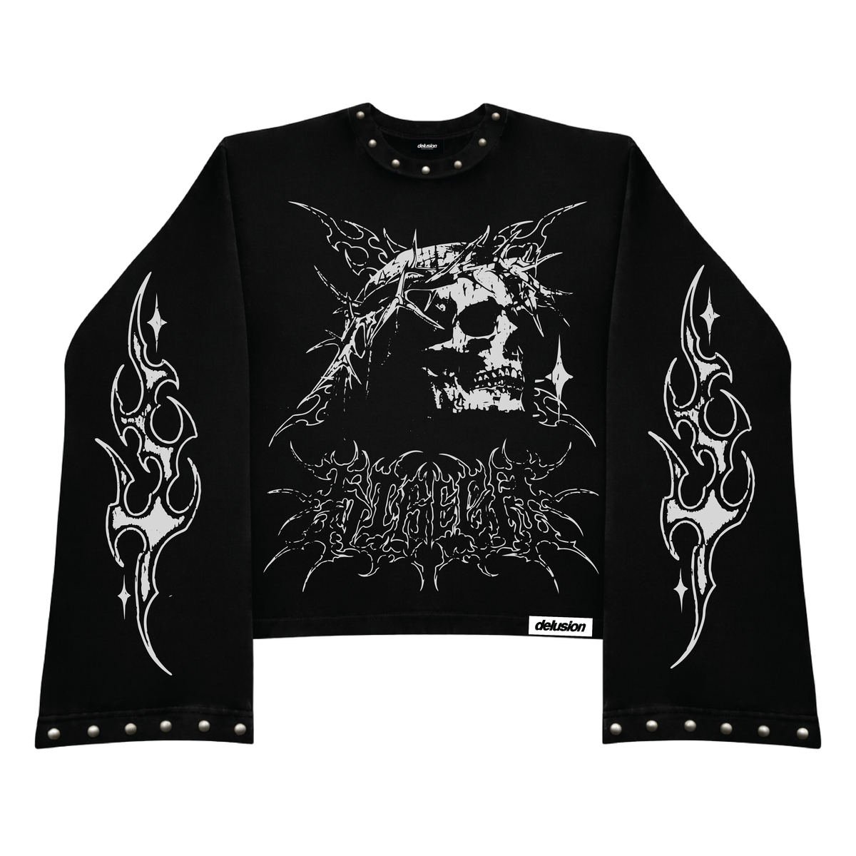 A black long-sleeve crop top sweatshirt featuring a large white gothic graphic of a skull in a crown of thorns, The sleeves have white tribal flame patterns with star accents, and the cuffs and collar are decorated with silver metal studs.
