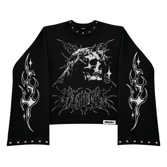 A black long-sleeve crop top sweatshirt featuring a large white gothic graphic of a skull in a crown of thorns, The sleeves have white tribal flame patterns with star accents, and the cuffs and collar are decorated with silver metal studs.