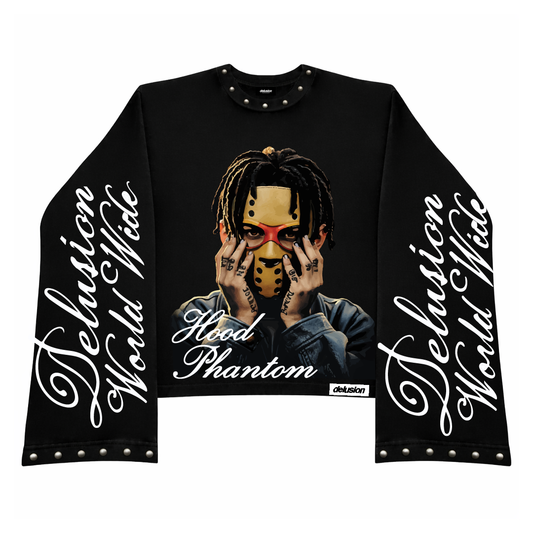 Black long-sleeve shirt with graphic design and text on a white background