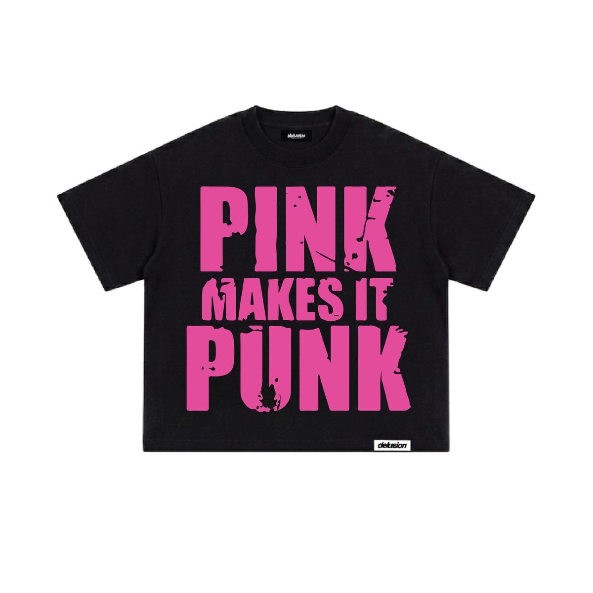 A black short-sleeve t-shirt with a bold pink graphic text reading 'PINK MAKES IT PUNK' across the front, displayed flat against a solid white background.