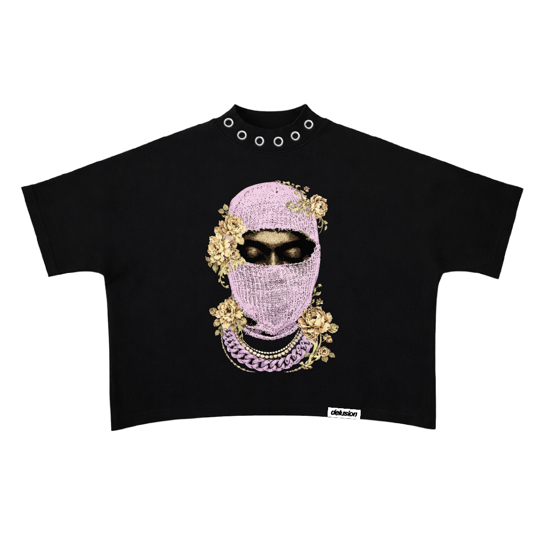 Black crop top with a pink face mask design on a white background