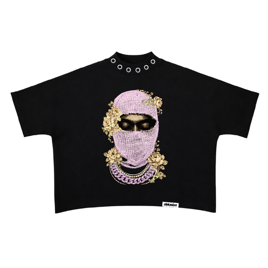 Black crop top with a pink face mask design on a white background
