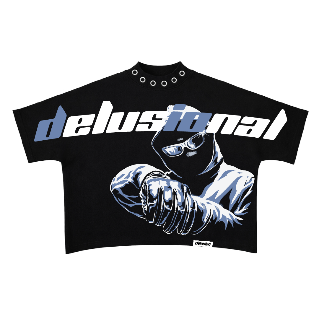 Black t-shirt with graphic design and 'delusional' text on a white background