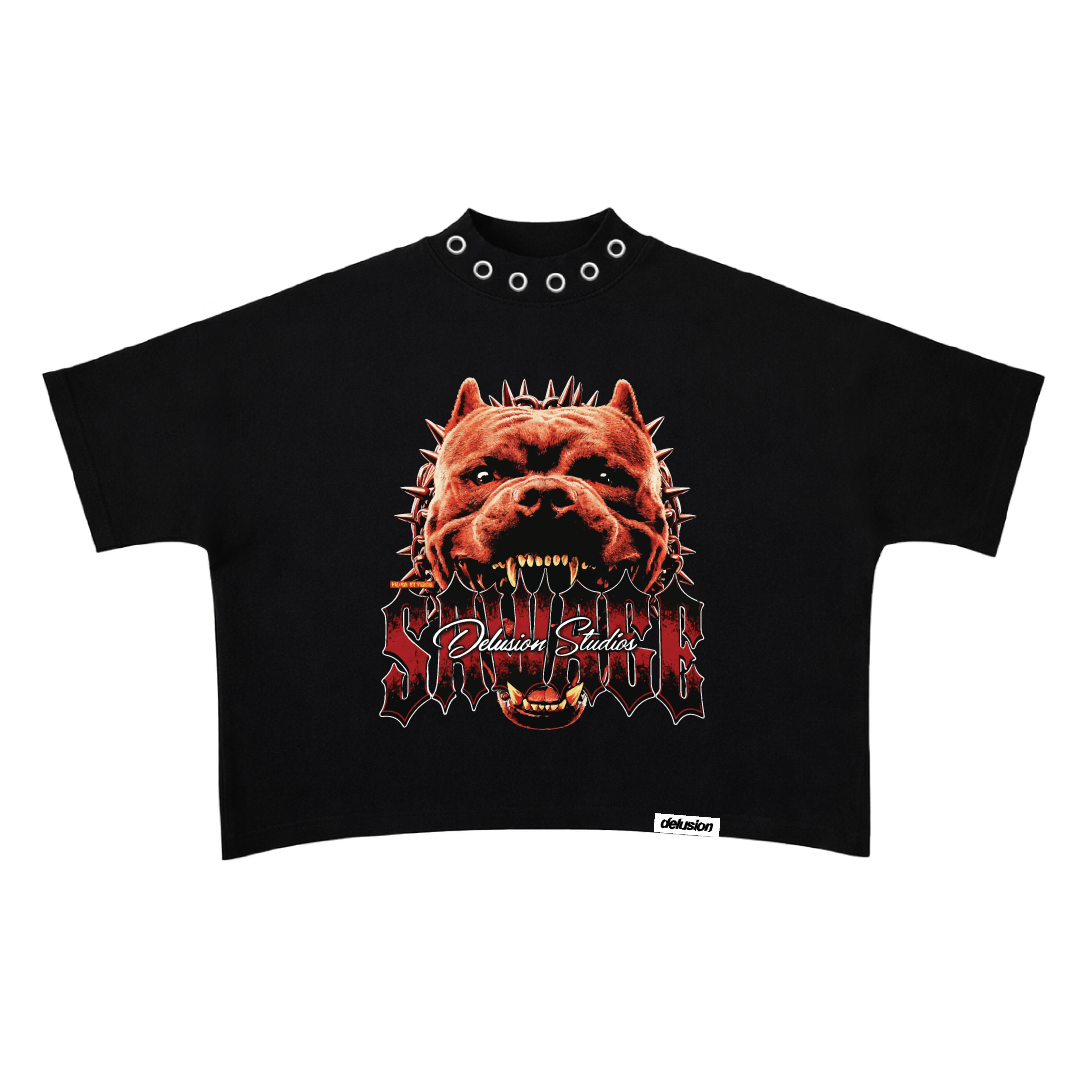 Black crop top with a graphic of a dog and text on a white background