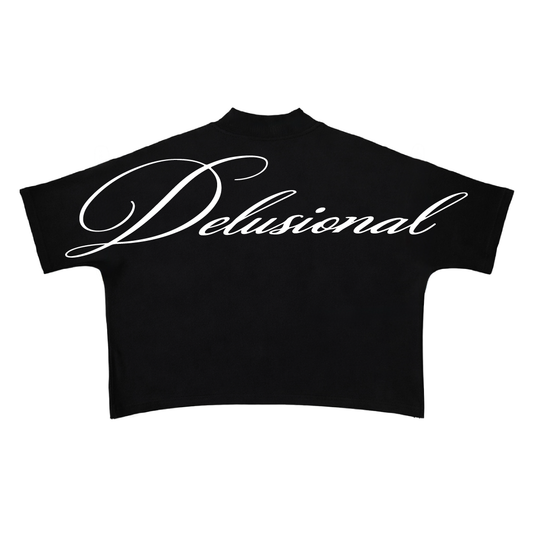 Black crop top with 'Delusional' text in white on a white background