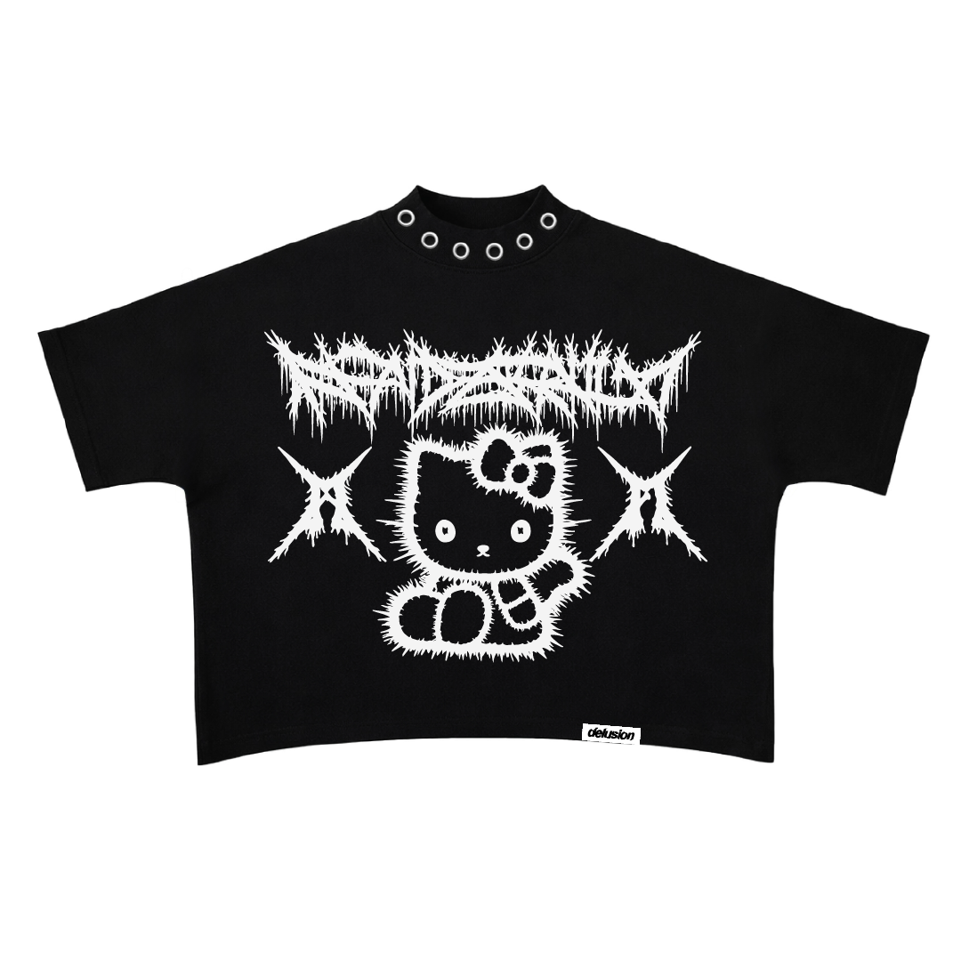 Soft Evil Boxy Tshirt — Hello Kitty in spiky gothic linework, front view