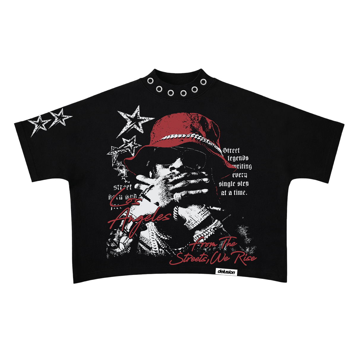 Streetstar Boxy Tshirt — 'From the Streets, We Rise' graphic with eyelet hardware, front view