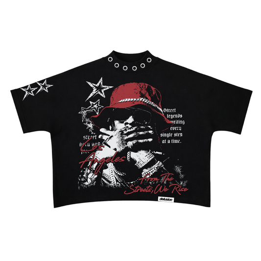 Streetstar Boxy Tshirt — 'From the Streets, We Rise' graphic with eyelet hardware, front view
